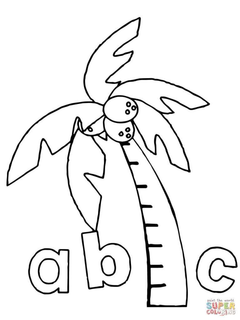 Alphabet coloring page with palm tree and letters a, b, c