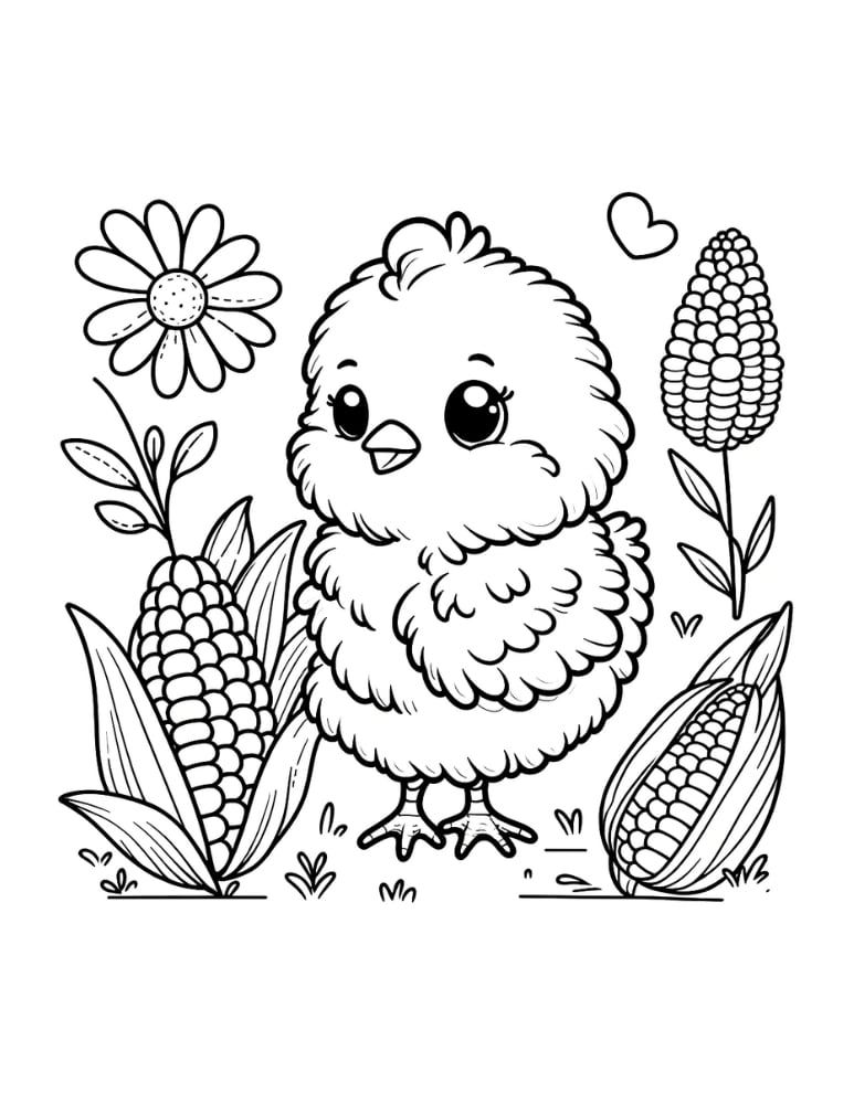 Cute chick surrounded by flowers and corn plants