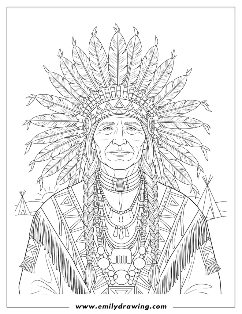 Line drawing of Native American man in feather headdress