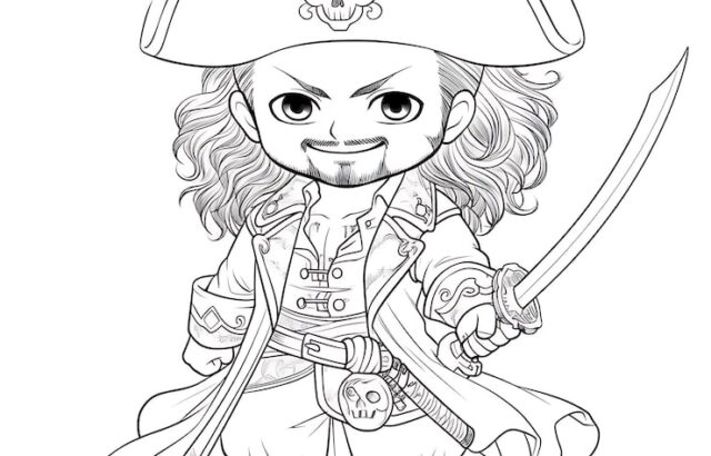 Cartoon pirate with sword in black-and-white line art