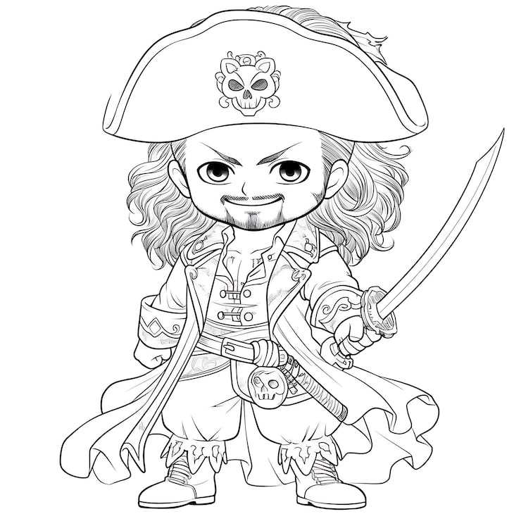 Cartoon pirate with sword in black-and-white line art