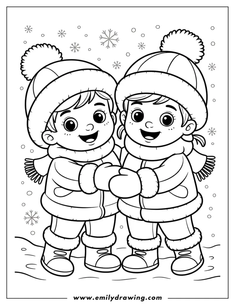 Two smiling children in winter clothes