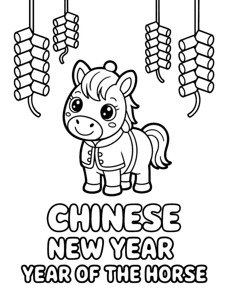 Cartoon horse with hanging firecracker bundles and text