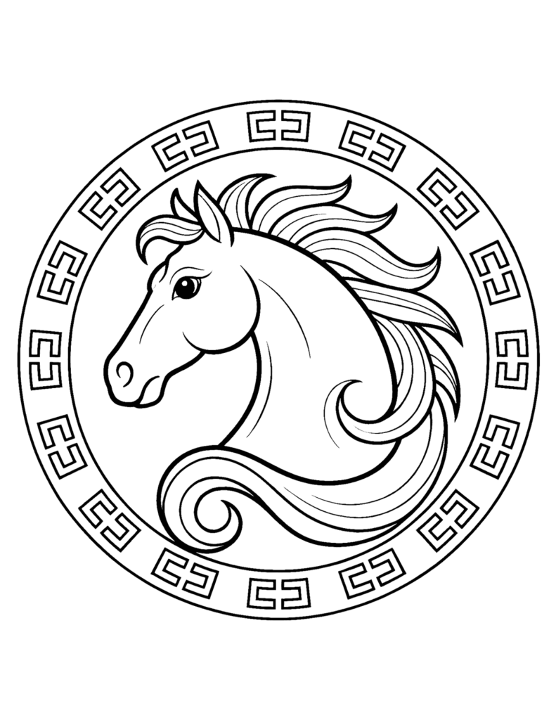Black-and-white horse head inside decorative circle