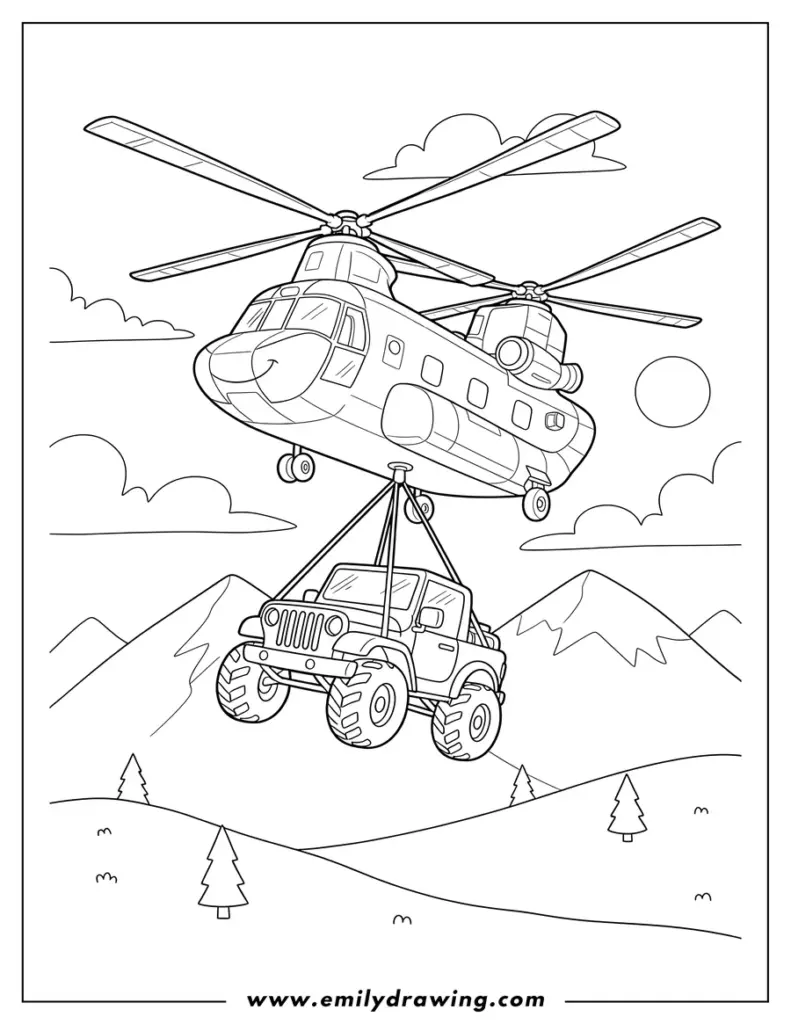 Coloring page of helicopter lifting a jeep