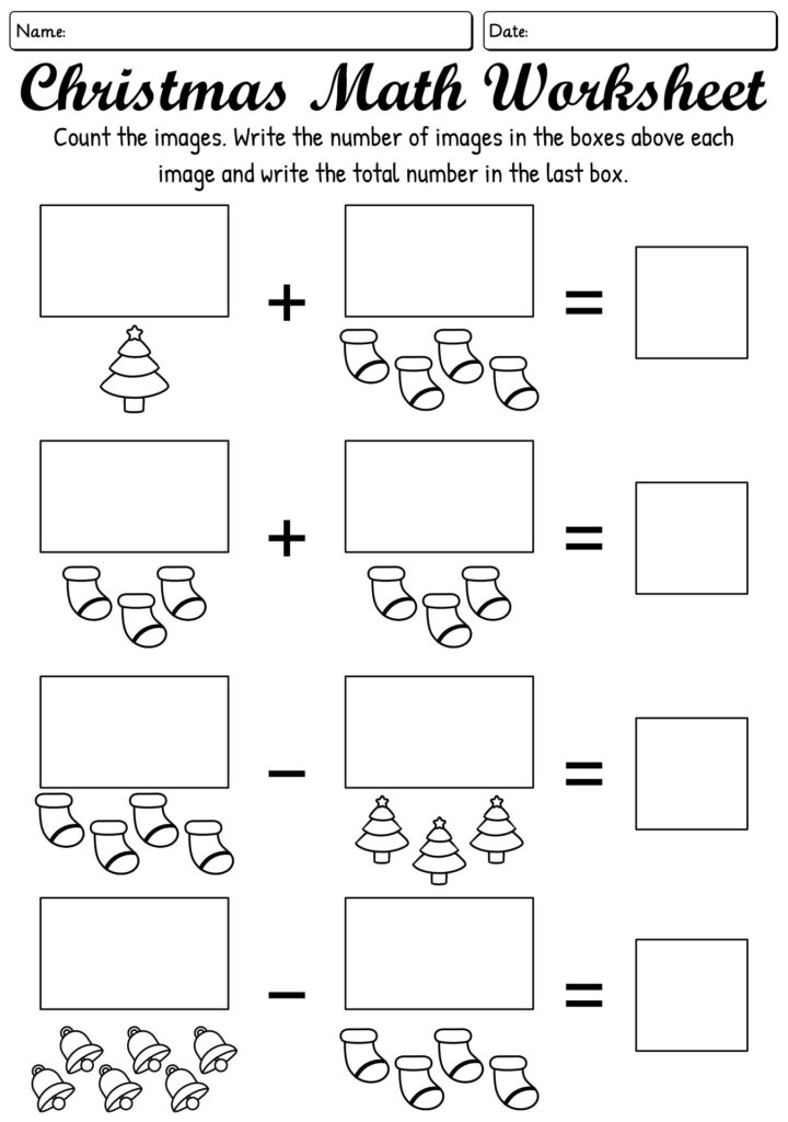 Christmas math worksheet with trees, stockings, and bells