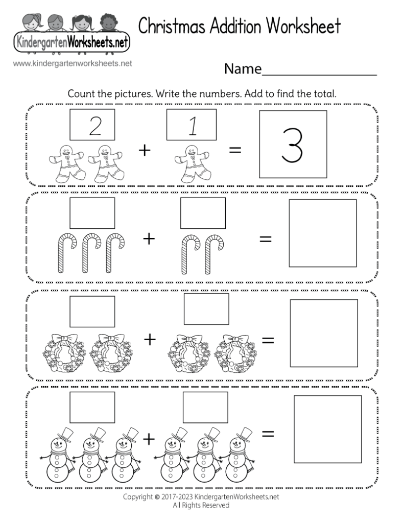 Christmas addition worksheet with gingerbread, candy canes, wreaths, snowmen