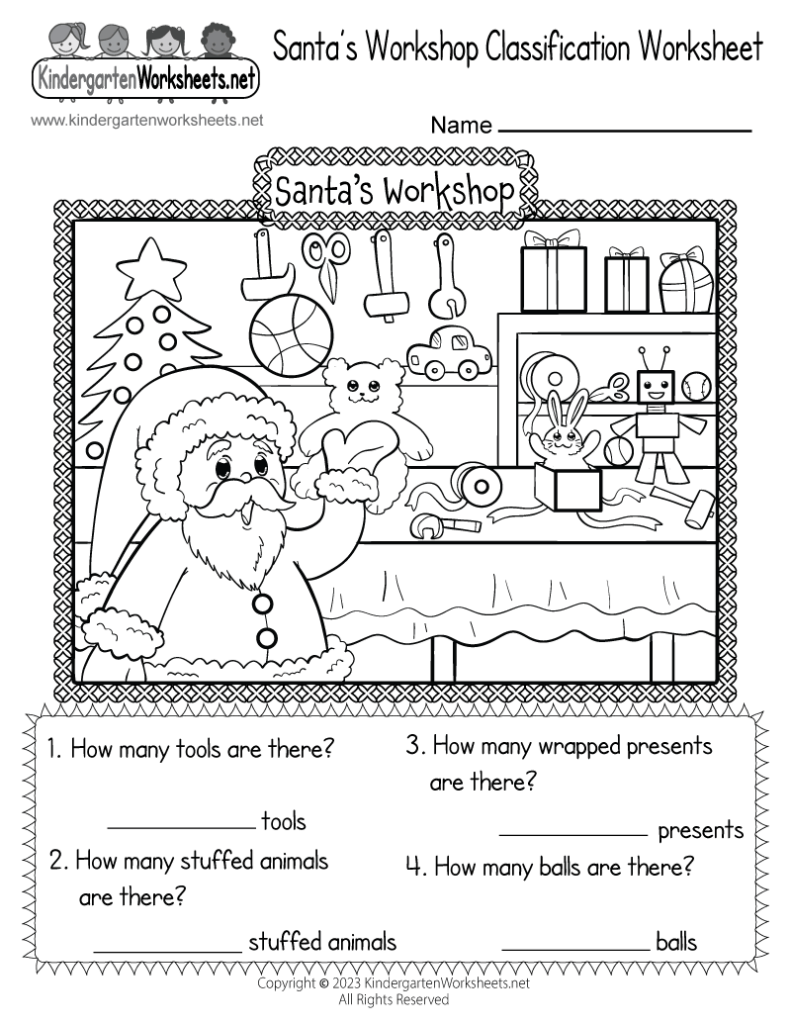 Santa's workshop counting worksheet with Santa and toys