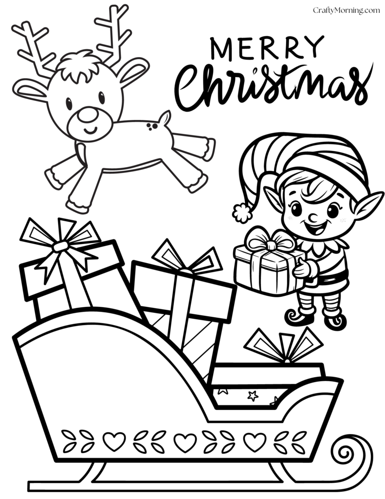 Black-and-white Christmas coloring page with reindeer, elf, sleigh, and presents