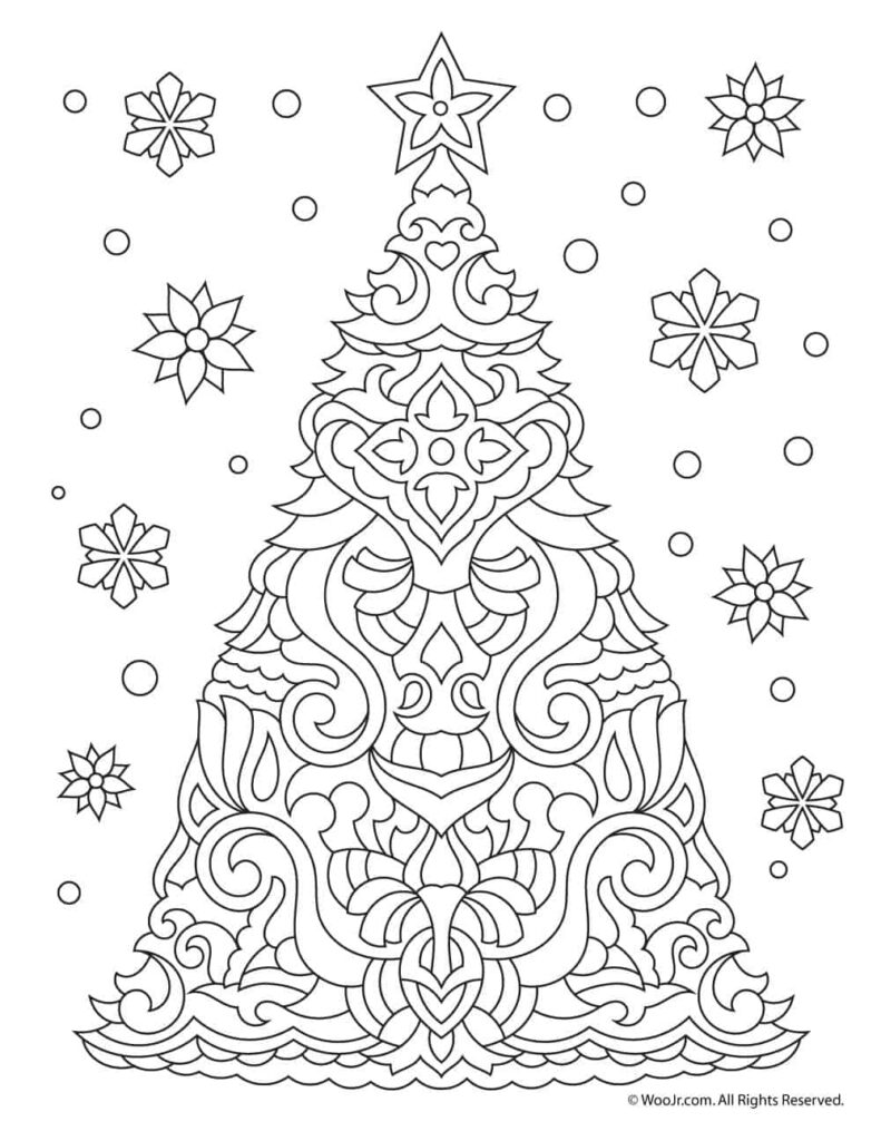 ornate Christmas tree coloring page with snowflakes