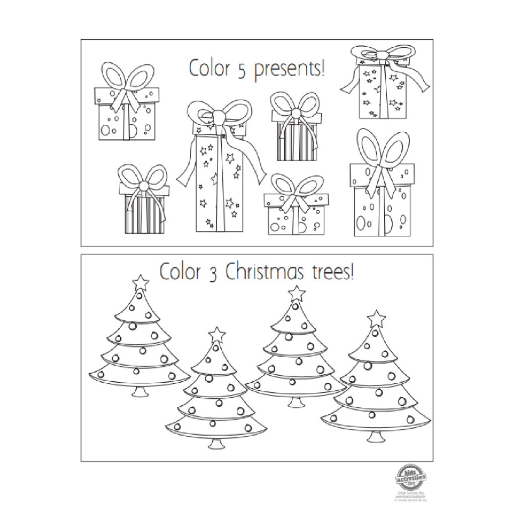 Christmas coloring worksheet with presents and trees