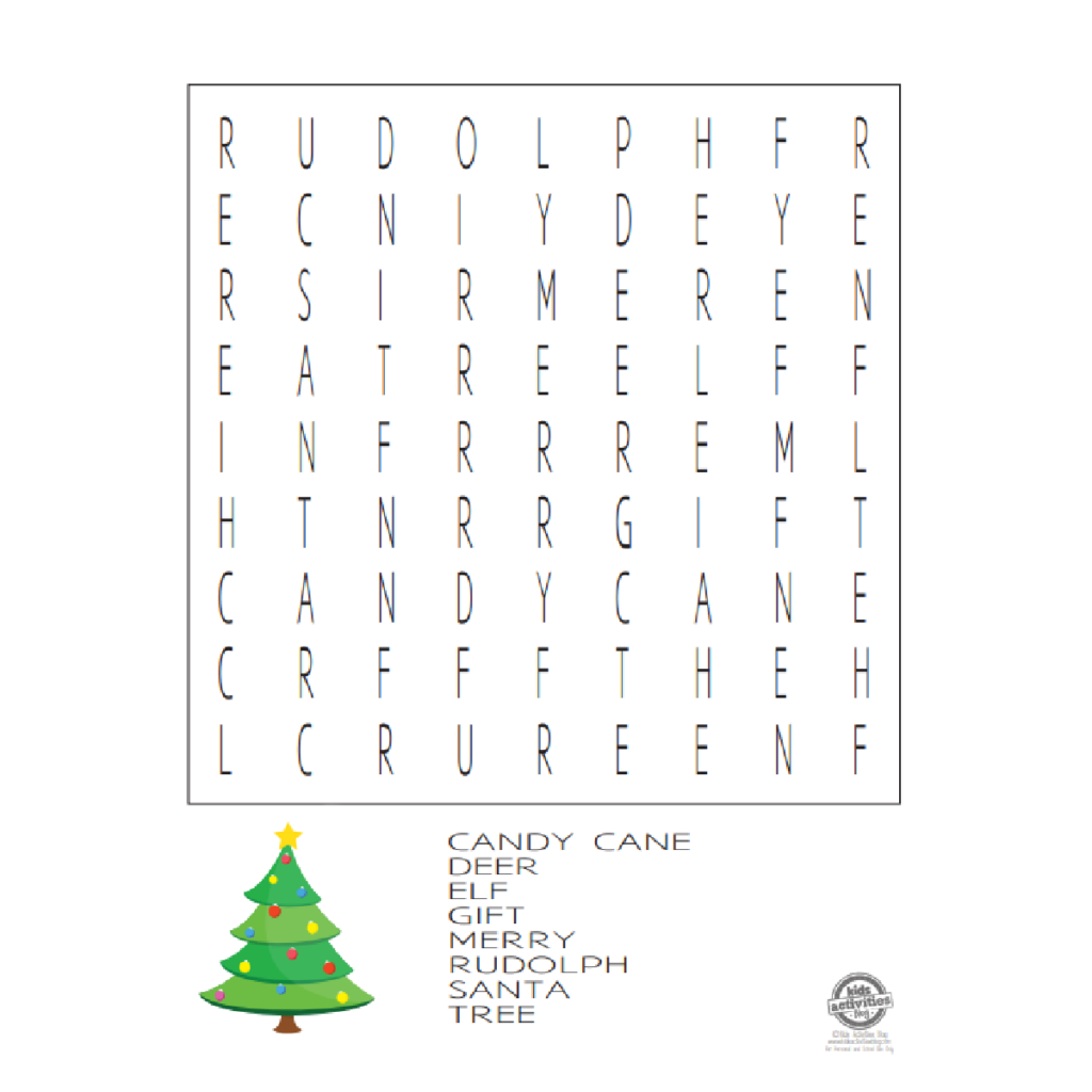 Christmas word search with tree and word list below