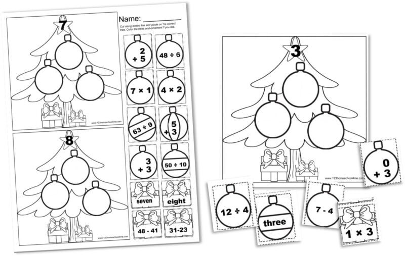 Christmas tree math matching worksheet pages with ornaments