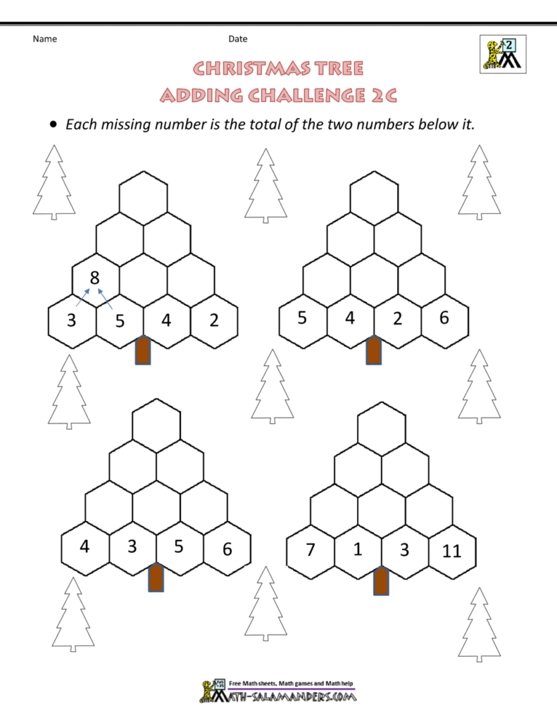 Christmas tree adding challenge worksheet with number pyramids