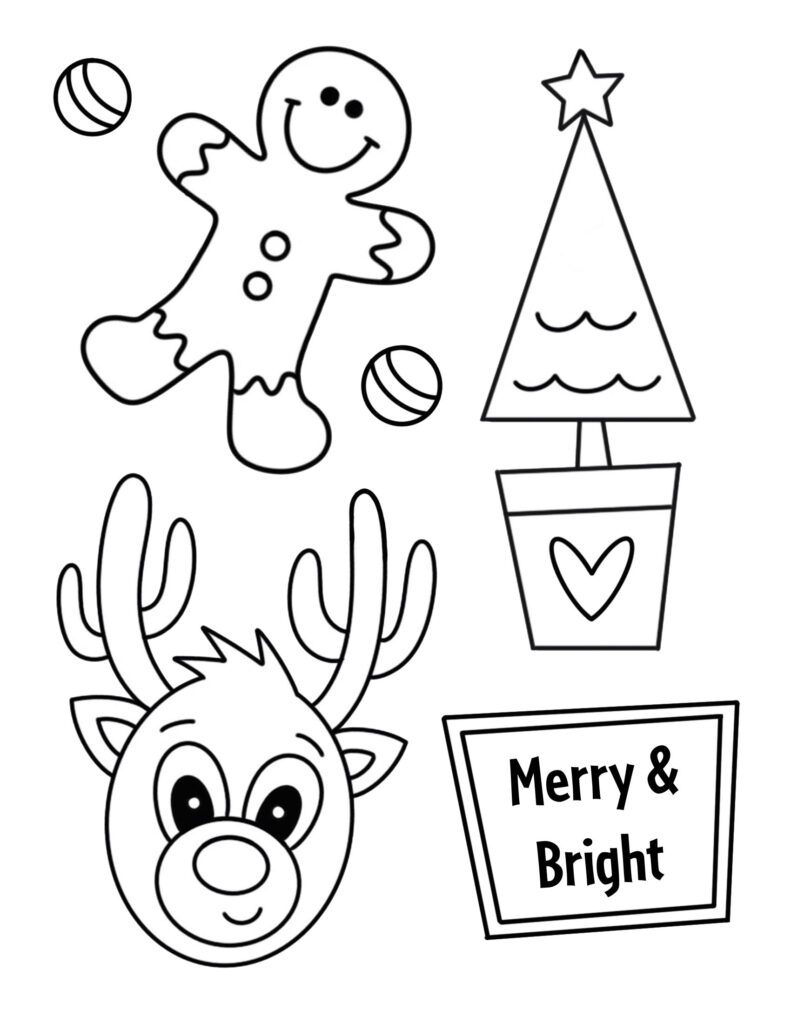 Christmas coloring page with gingerbread, tree, reindeer, and text