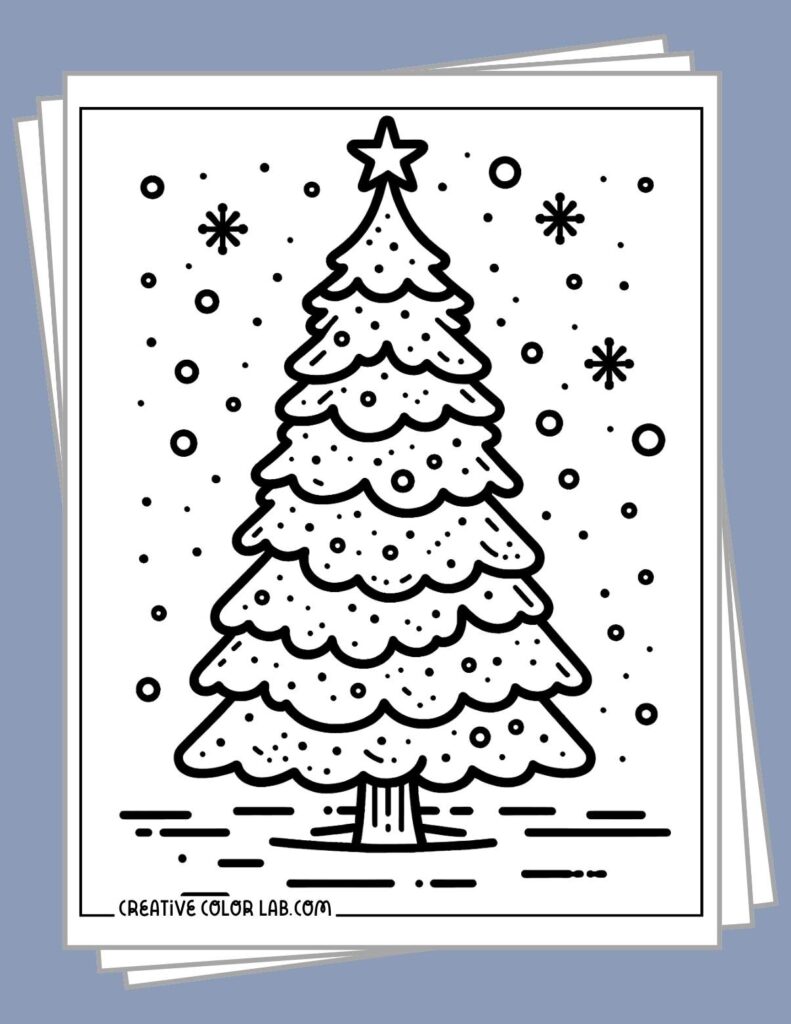 Black-and-white Christmas tree coloring page with snowflakes