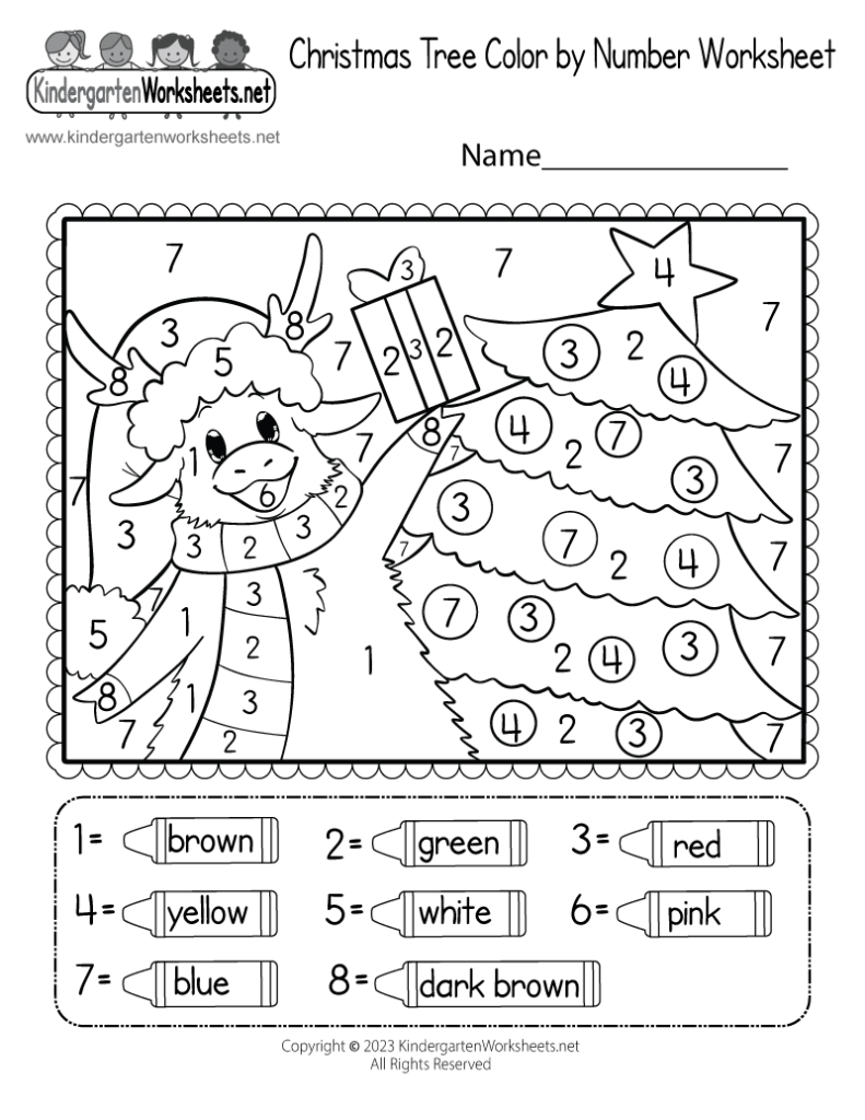 Christmas tree color-by-number worksheet with cartoon cow and gift