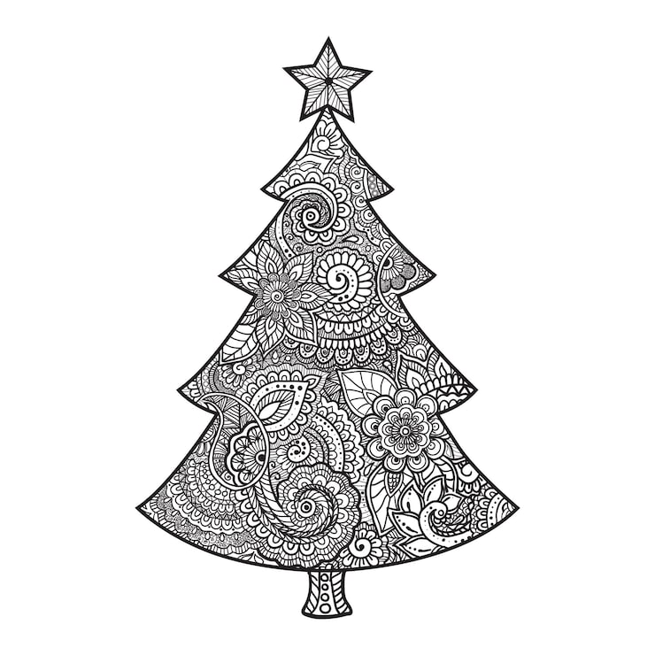 Intricate black and white decorated Christmas tree illustration