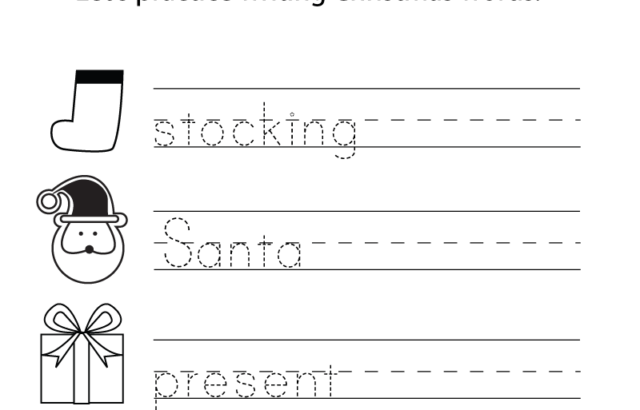 Christmas writing worksheet with traced words and pictures