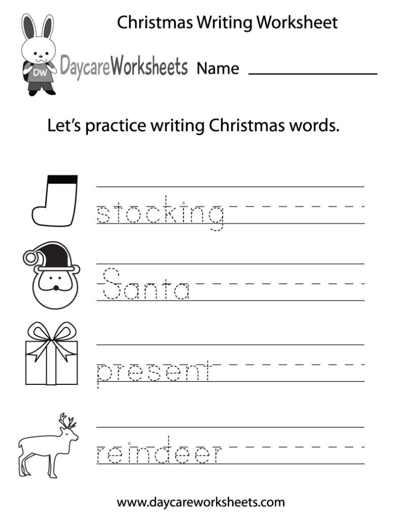 Christmas writing worksheet with tracing words and pictures