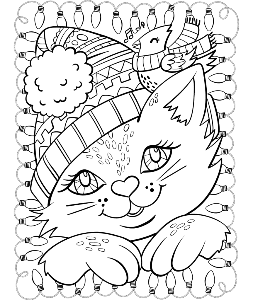 Cartoon cat in scarf framed by Christmas lights