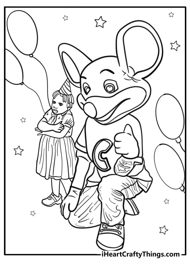 Clown mouse mascot with child and balloons line art