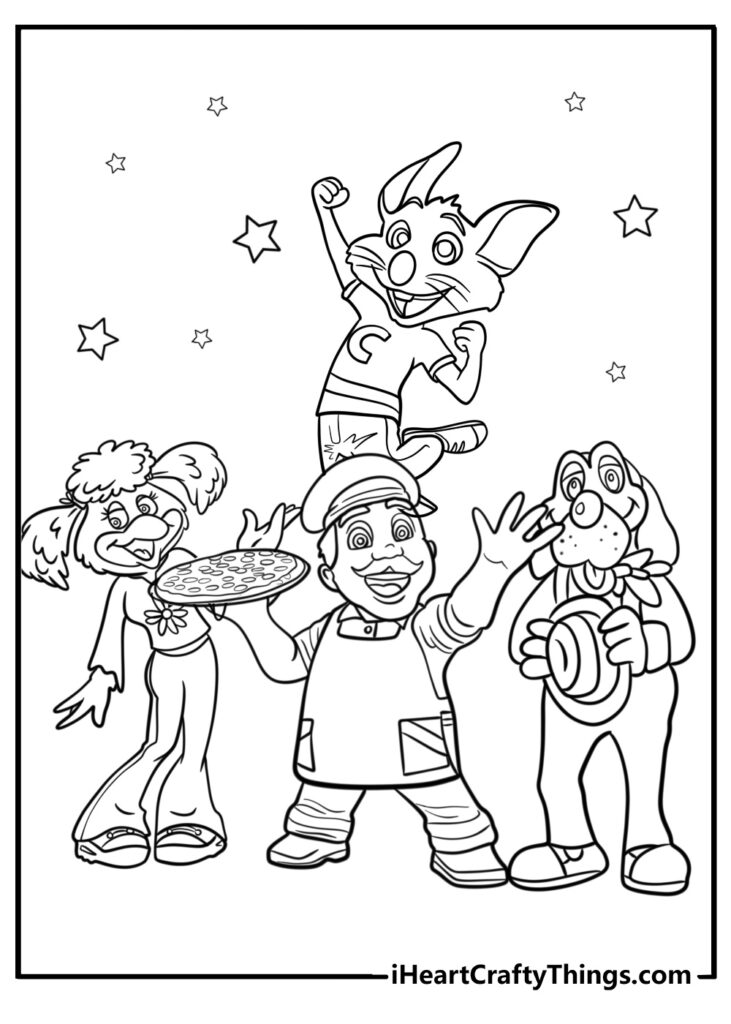 Black-and-white cartoon animals and pizza chef coloring page
