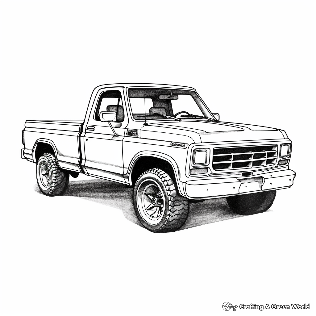 Black-and-white drawing of a vintage pickup truck