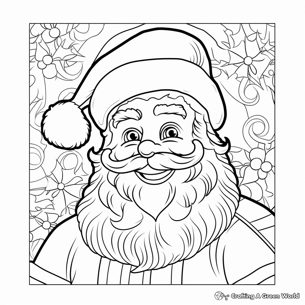 Smiling Santa face with holly-pattern background