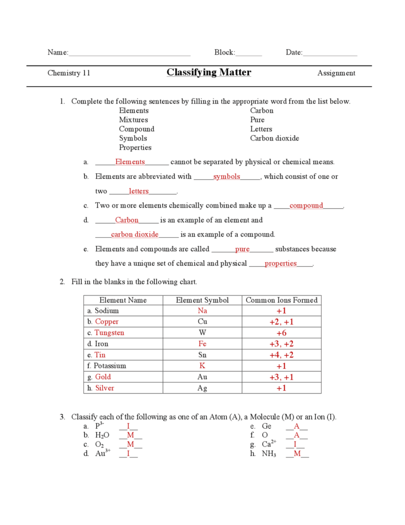 Chemistry worksheet titled Classifying Matter with filled answers