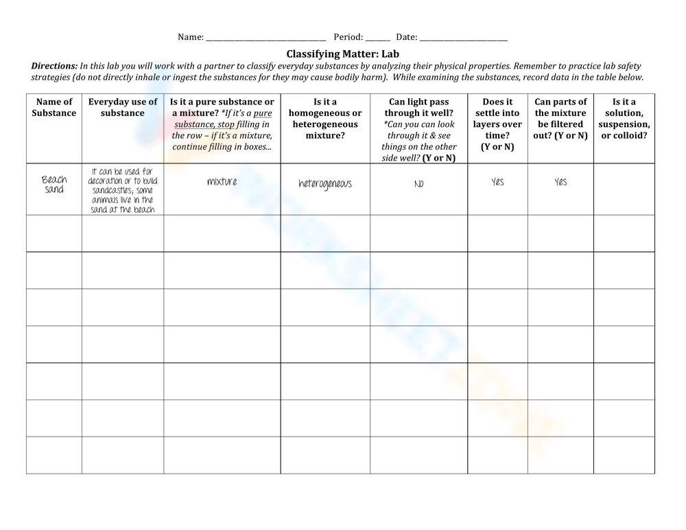 Classifying Matter Lab worksheet with one filled row