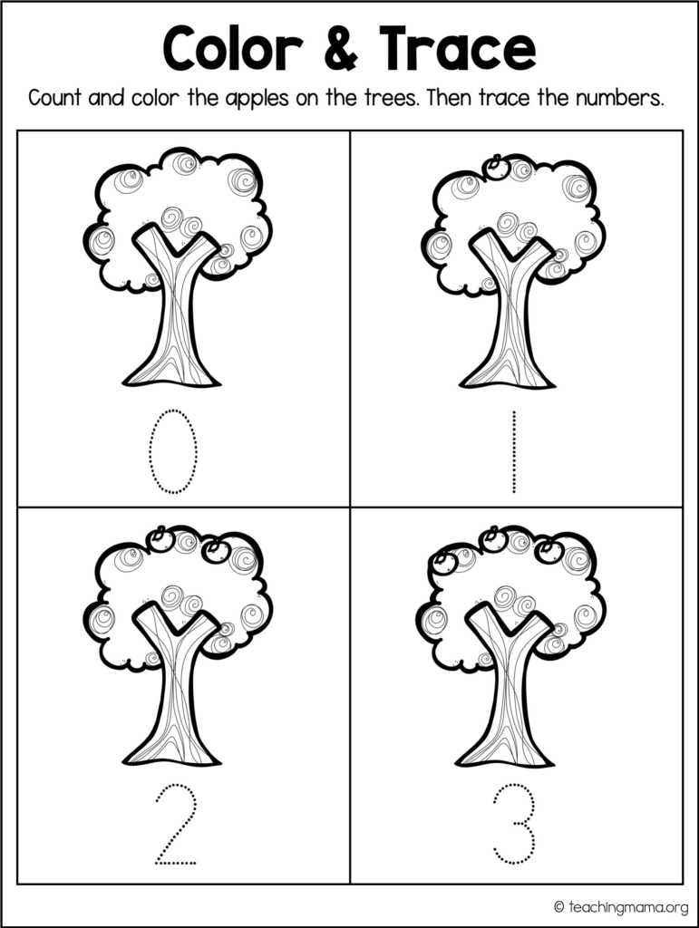 Black-and-white worksheet with four apple trees and dotted numbers
