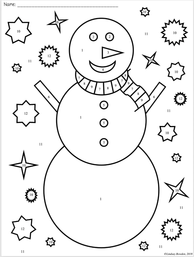 Snowman coloring worksheet with numbered shapes and stars