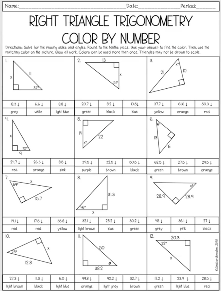 Right triangle trigonometry color-by-number worksheet page
