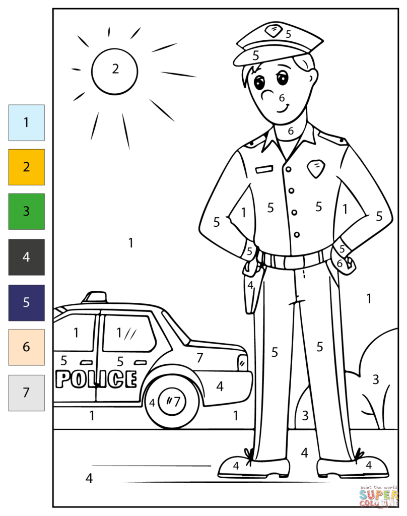 Cartoon police officer standing beside patrol car outdoors