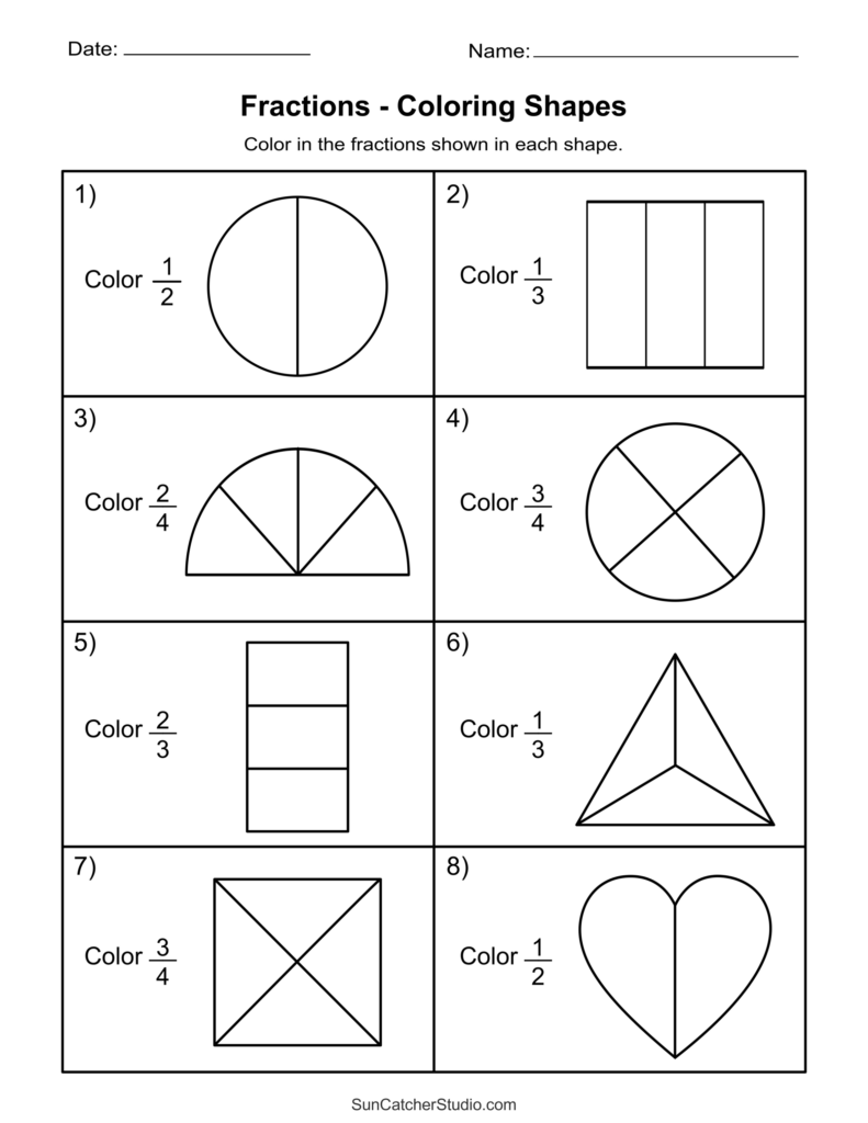 Fractions coloring worksheet with eight shapes