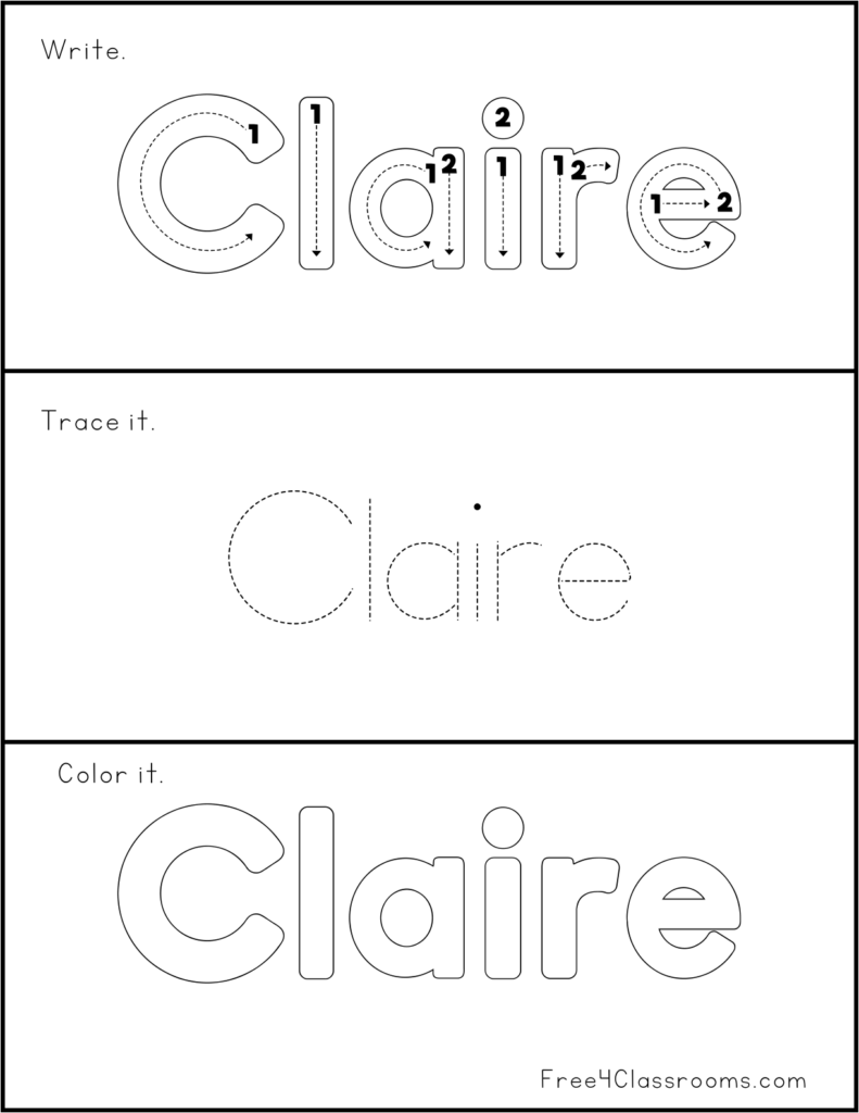 Three-panel worksheet showing name Claire to write, trace, color.