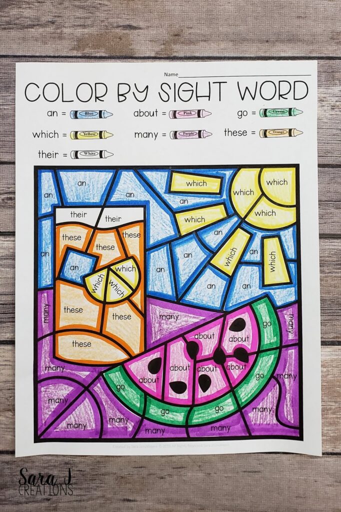 Color-by-sight-word worksheet on wooden surface