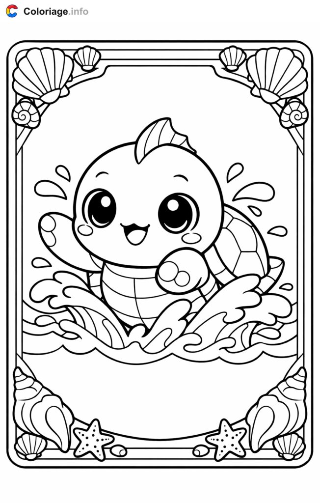 Cute turtle splashing in a seashell border coloring page