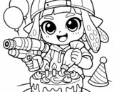 Cartoon child with toy gun beside birthday cake and balloons