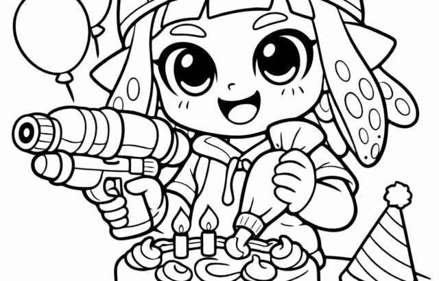 Cartoon child with toy gun beside birthday cake and balloons