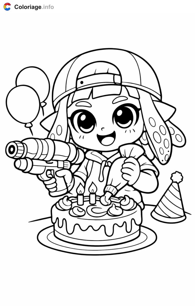 Cartoon child with toy gun beside birthday cake and balloons