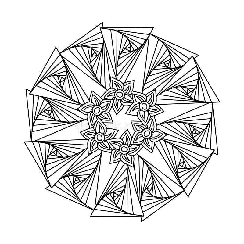 Black-and-white geometric floral mandala line drawing