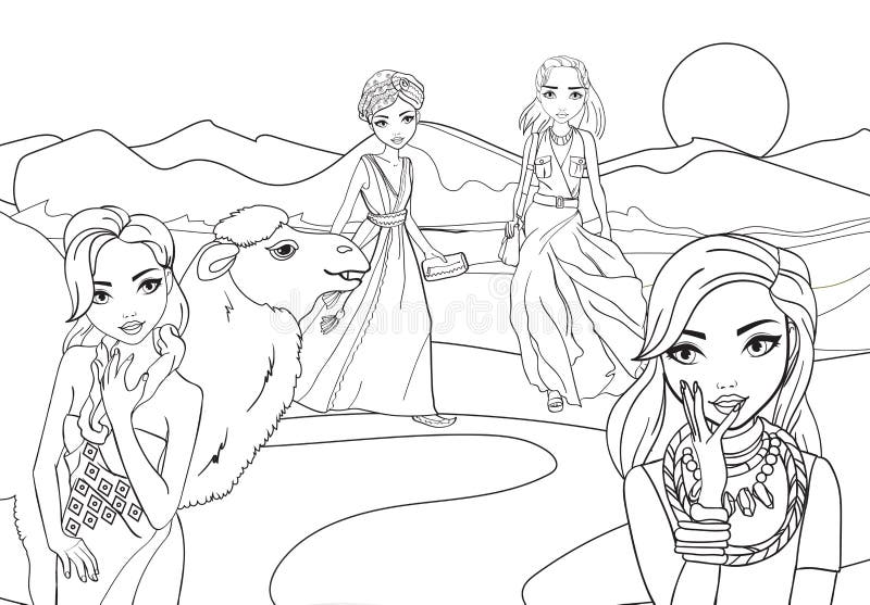 Line drawing of four women and a sheep outdoors