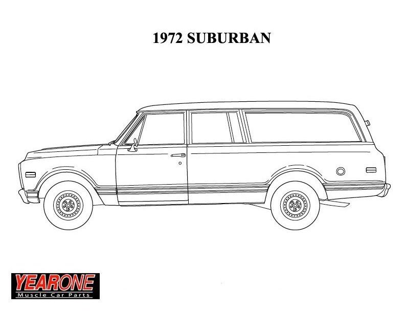 Black-and-white side view of a 1972 Suburban drawing