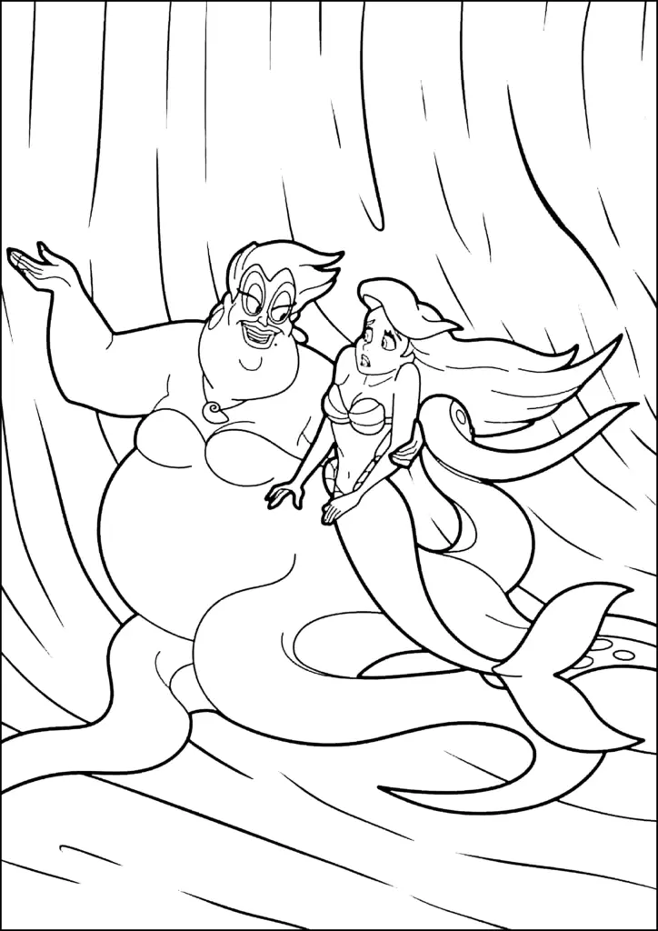 Black-and-white cartoon of Ursula and Ariel underwater