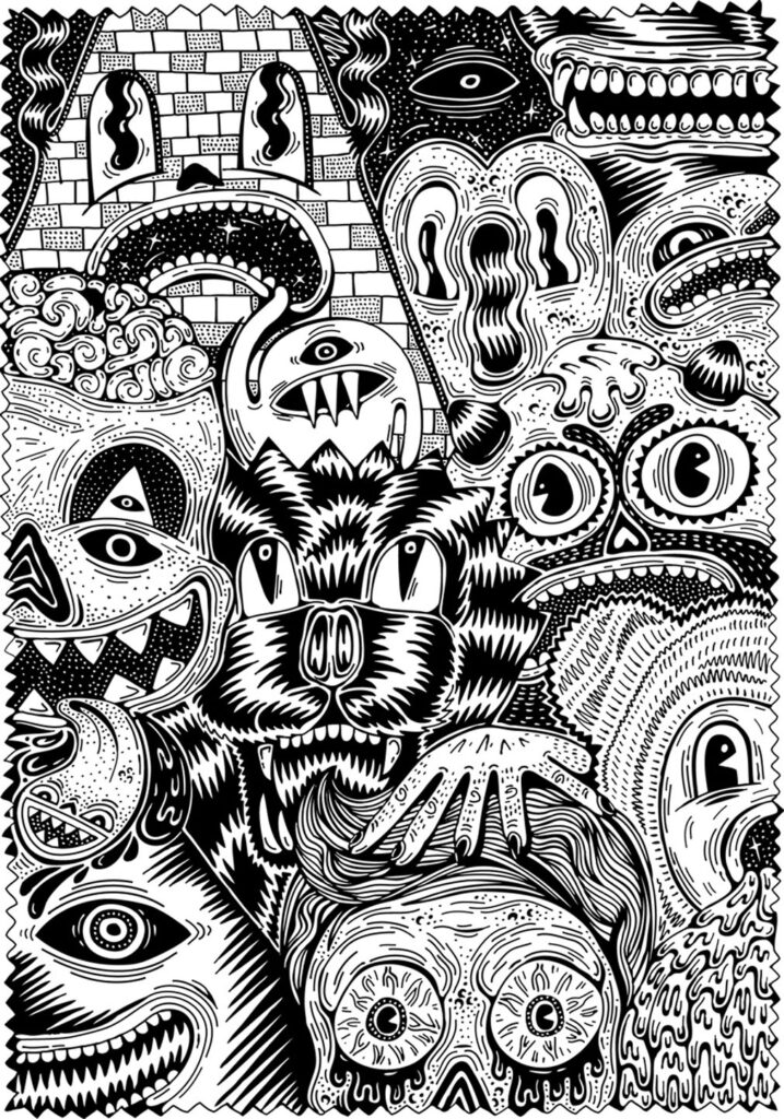 Black-and-white collage of grotesque monster faces and eyes