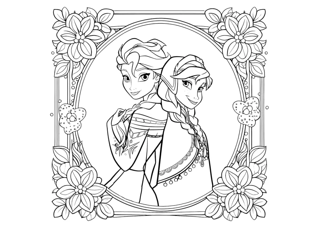 Line art of two girls in a floral frame