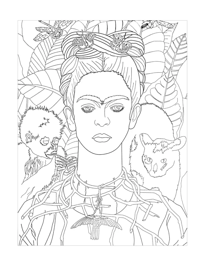 Line drawing of woman with animals and leaves background