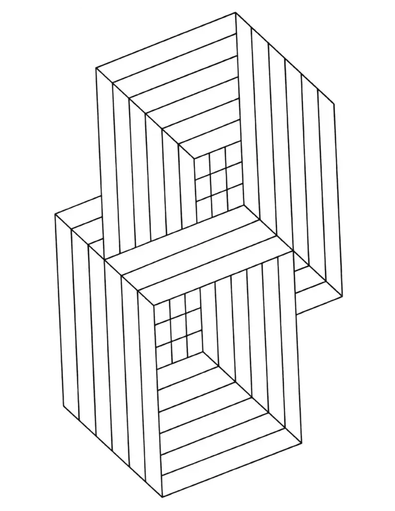 Abstract optical illusion of two stacked 3D rectangular tunnels